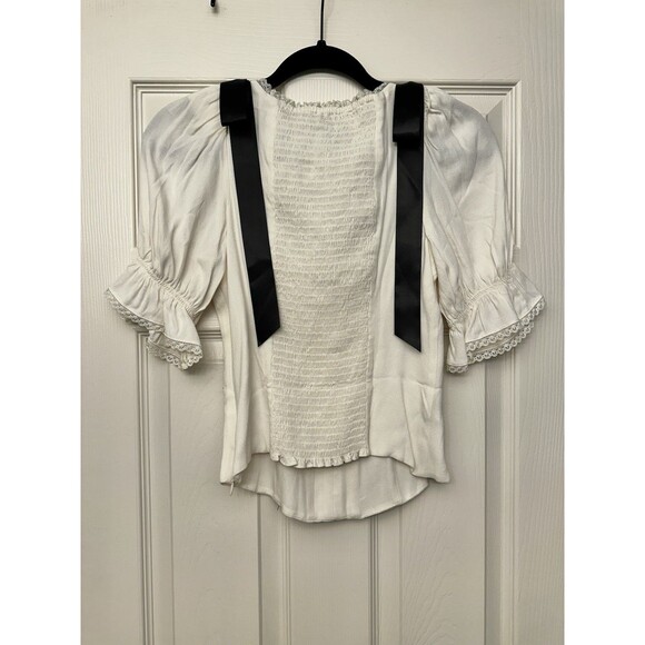 Reformation Inara Satin Bow Top Women’s Size 2 Small Smocked Fitted Blouse - Picture 4 of 11